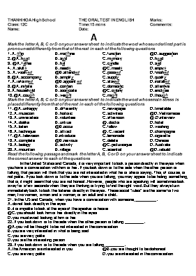 Đề ôn tập học kỳ I môn Tiếng Anh Lớp 12 - Trường THPT Thanh Hoa